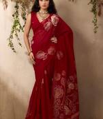 red floral art silk blend designer tussar saree