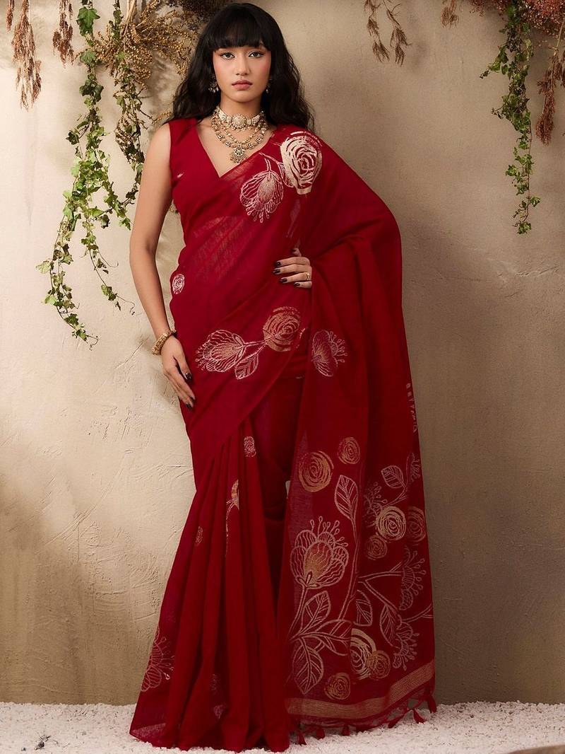 red floral art silk blend designer tussar saree