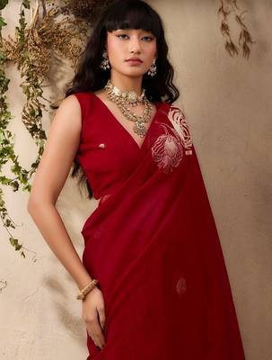 red floral art silk blend designer tussar saree 2