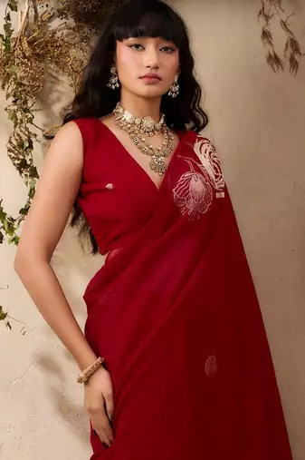 red floral art silk blend designer tussar saree