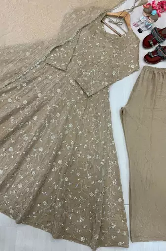 Grey silk blend embroidered palazzo set