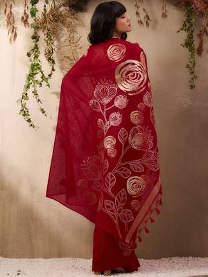 red floral art silk blend designer tussar saree 3