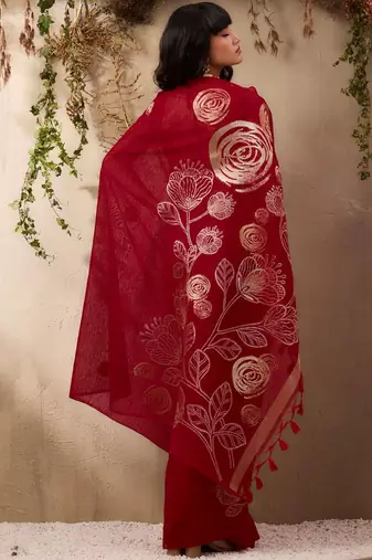 red floral art silk blend designer tussar saree