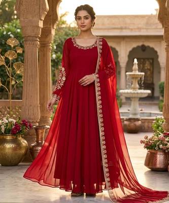 Red faux georgette embroidered flared gown set 1