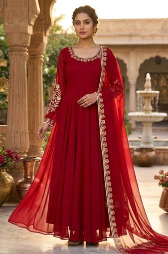 Red faux georgette embroidered flared gown set