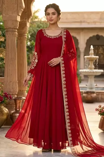 Red faux georgette embroidered flared gown set