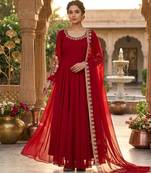 Red faux georgette embroidered flared gown set