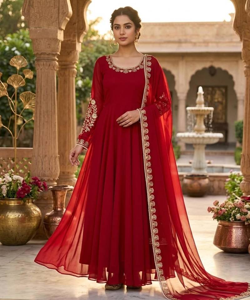 Red faux georgette embroidered flared gown set