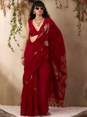 red floral art silk blend designer tussar saree 4