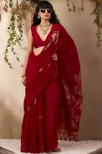 red floral art silk blend designer tussar saree