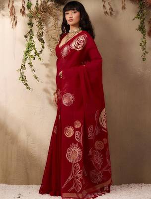 red floral art silk blend designer tussar saree 5