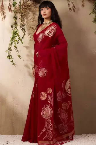 red floral art silk blend designer tussar saree