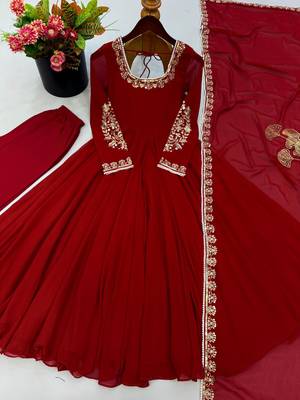Red faux georgette embroidered flared gown set 2