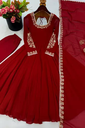Red faux georgette embroidered flared gown set