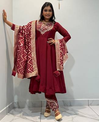 Maroon silk blend embroidered anarkali set 1
