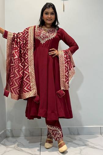 Maroon silk blend embroidered anarkali set