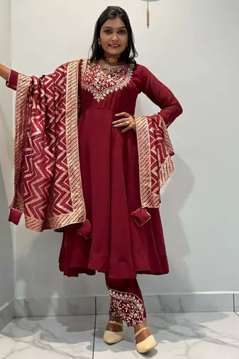 Maroon silk blend embroidered anarkali set