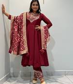 Maroon silk blend embroidered anarkali set