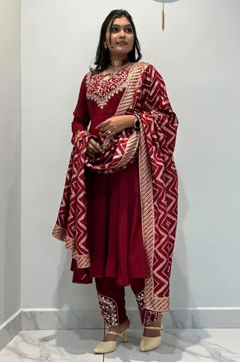 Maroon silk blend embroidered anarkali set