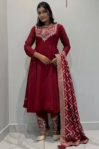 Maroon silk blend embroidered anarkali set