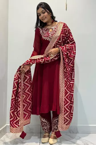 Maroon silk blend embroidered anarkali set