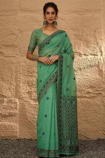 sea green ethnic motifs linen khadi saree