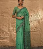 sea green ethnic motifs linen khadi saree