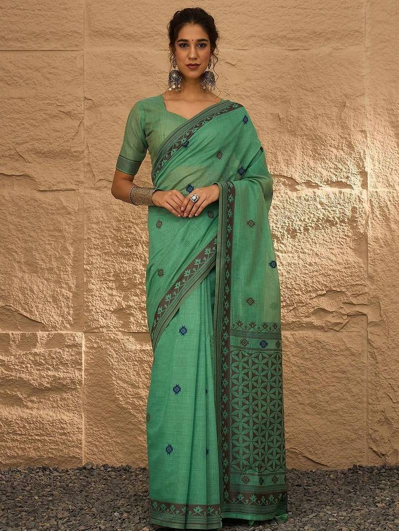 sea green ethnic motifs linen khadi saree