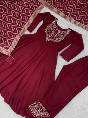 Maroon silk blend embroidered anarkali set 5