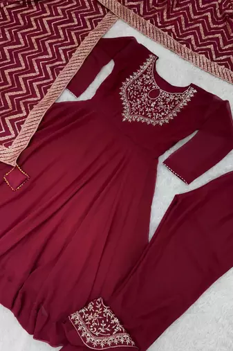 Maroon silk blend embroidered anarkali set