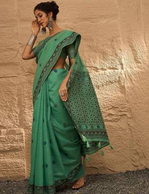 sea green ethnic motifs linen khadi saree 2