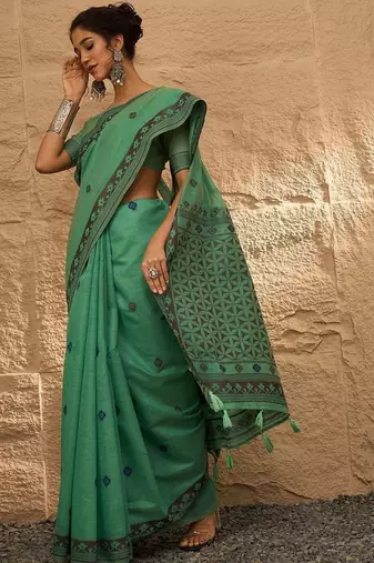 sea green ethnic motifs linen khadi saree