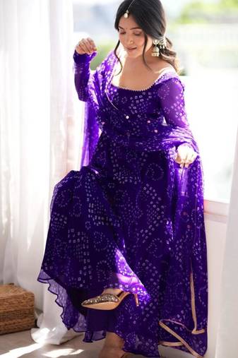 Purple cotton poly embroidered anarkali set