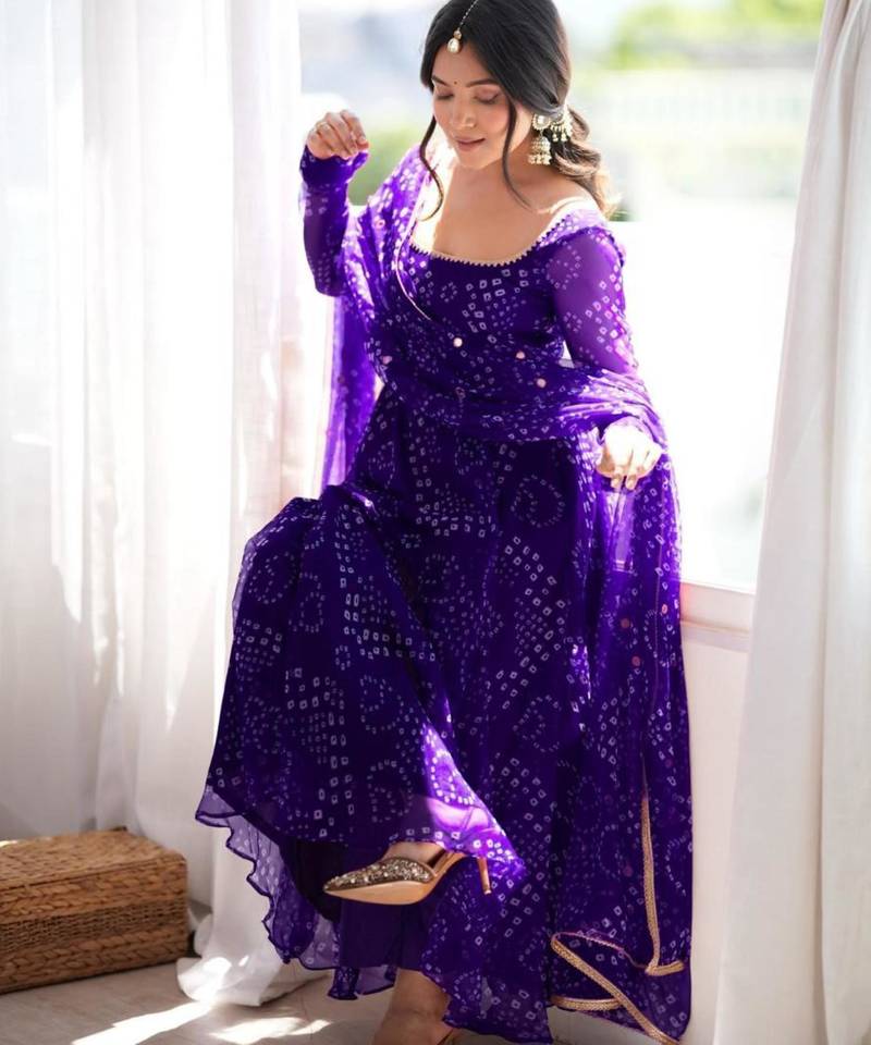 Purple cotton poly embroidered anarkali set