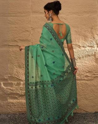 sea green ethnic motifs linen khadi saree 3