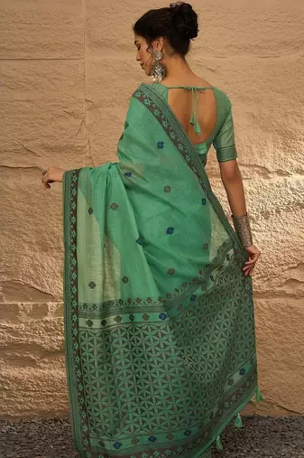 sea green ethnic motifs linen khadi saree