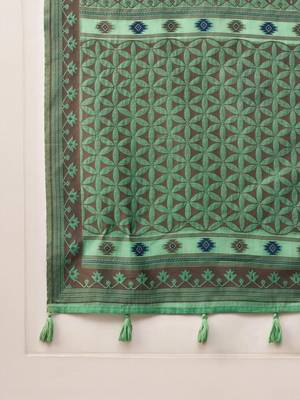 sea green ethnic motifs linen khadi saree 4