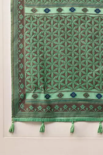 sea green ethnic motifs linen khadi saree