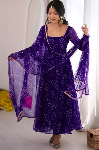 Purple cotton poly embroidered anarkali set