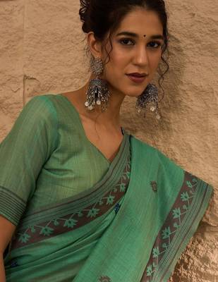 sea green ethnic motifs linen khadi saree 5