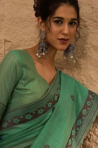 sea green ethnic motifs linen khadi saree