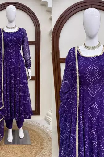 Purple cotton poly embroidered anarkali set