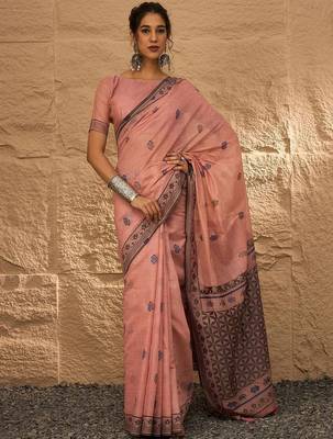 peach ethnic motifs linen khadi saree 1