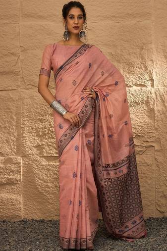 peach ethnic motifs linen khadi saree