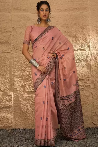 peach ethnic motifs linen khadi saree