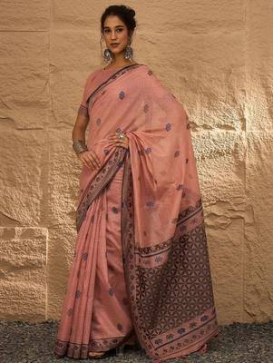 peach ethnic motifs linen khadi saree 2