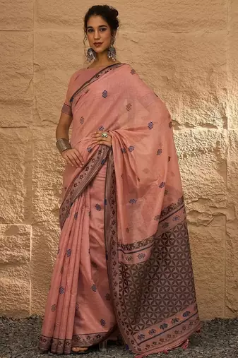 peach ethnic motifs linen khadi saree