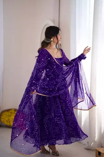Purple cotton poly embroidered anarkali set
