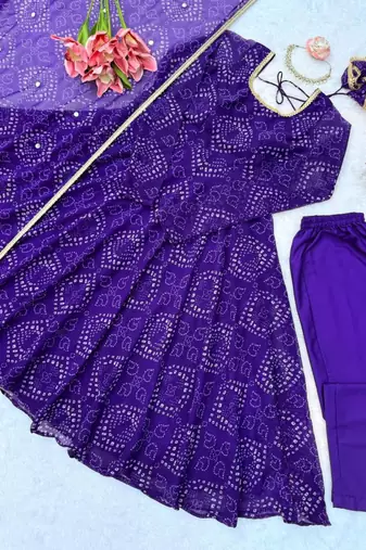Purple cotton poly embroidered anarkali set