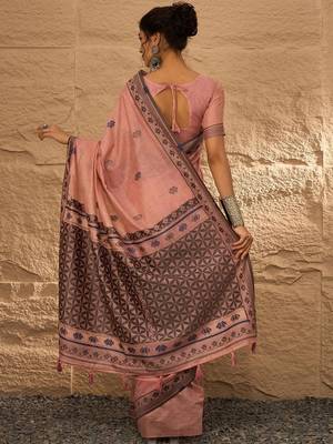peach ethnic motifs linen khadi saree 3